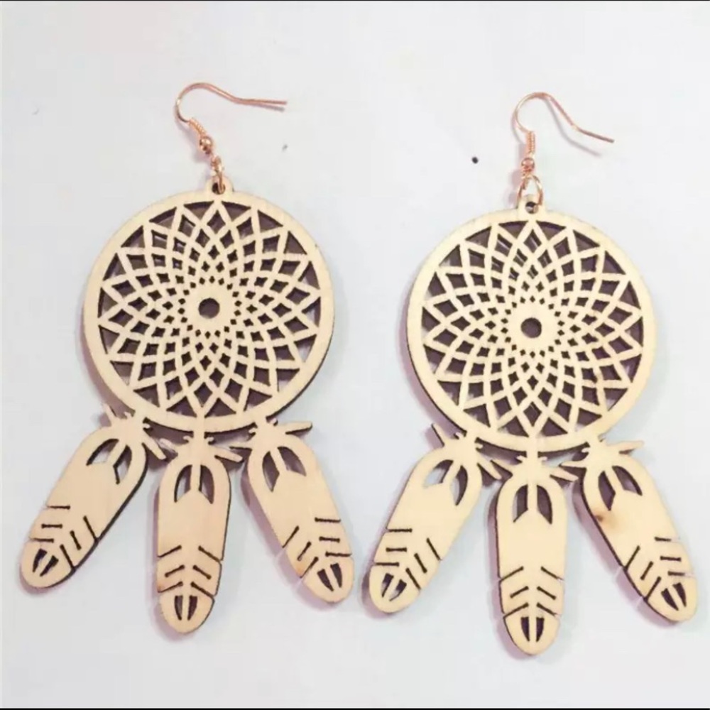 Feathers Dream Catcher Wooden Earrings